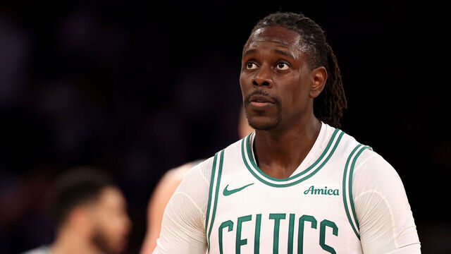 NEW YORK, NEW YORK - MAY 12: Jrue Holiday #4 of the Boston Celtics reacts in Game Four of the Eastern Conference Second Round NBA Playoffs game against the New York Knicks at Madison Square Garden on May 12, 2025 in New York City.