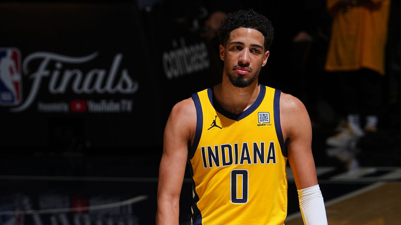 INDIANAPOLIS, IN - JUNE 11: Tyrese Haliburton #0 of the Indiana Pacers looks on during the game against the Oklahoma City Thunder during Game Three of the 2025 NBA Finals on June 11, 2025 at Gainbridge Fieldhouse in Indianapolis, Indiana. Mandatory Copyright Notice: Copyright 2025 NBAE