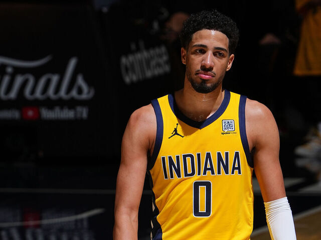 INDIANAPOLIS, IN - JUNE 11: Tyrese Haliburton #0 of the Indiana Pacers looks on during the game against the Oklahoma City Thunder during Game Three of the 2025 NBA Finals on June 11, 2025 at Gainbridge Fieldhouse in Indianapolis, Indiana. Mandatory Copyright Notice: Copyright 2025 NBAE