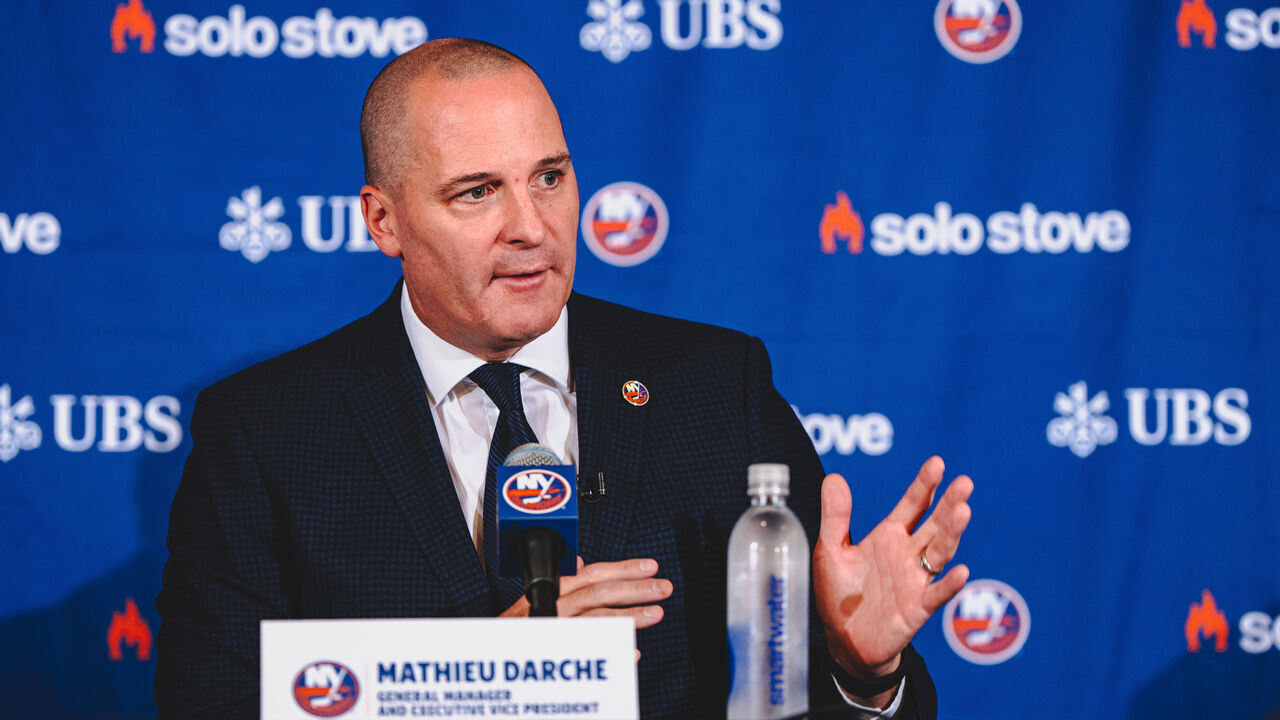 ELMONT, NEW YORK - MAY 29: Mathieu Darche speaks to the media after being named the 7th General Manager in New York Islanders history at UBS Arena on May 29, 2025 in Elmont, New York.