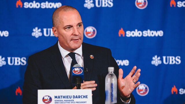 ELMONT, NEW YORK - MAY 29: Mathieu Darche speaks to the media after being named the 7th General Manager in New York Islanders history at UBS Arena on May 29, 2025 in Elmont, New York.