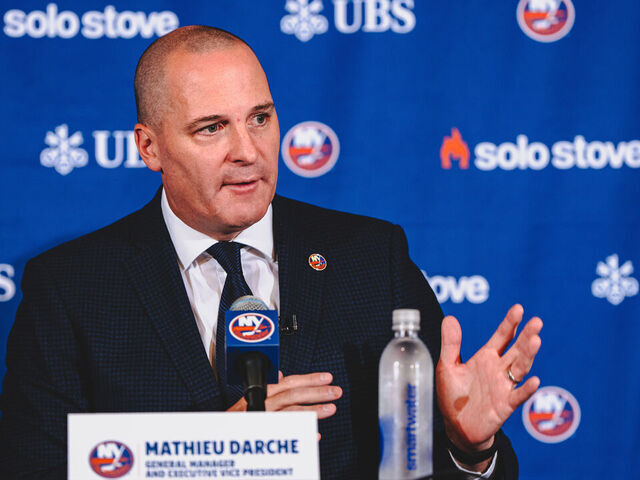 ELMONT, NEW YORK - MAY 29: Mathieu Darche speaks to the media after being named the 7th General Manager in New York Islanders history at UBS Arena on May 29, 2025 in Elmont, New York.