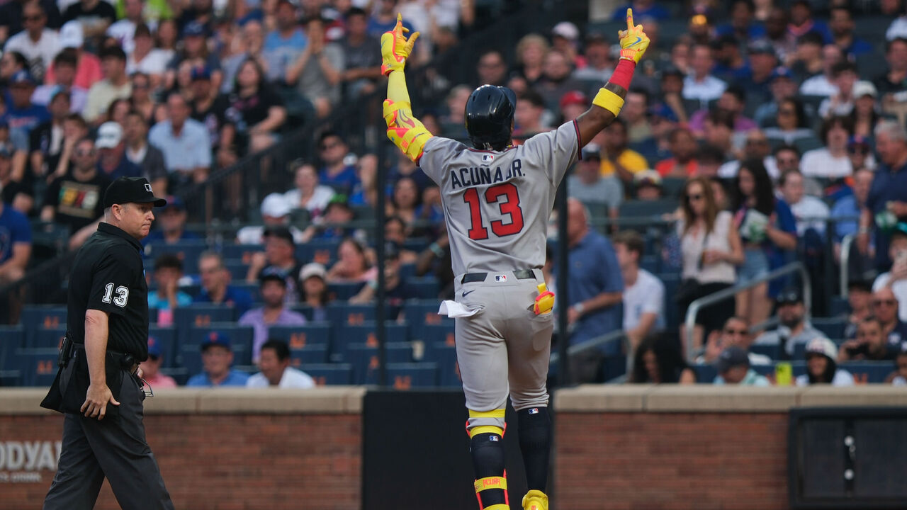 NEW YORK, NY - JUNE 23: Ronald Acuña Jr. #13 of the Atlanta Braves reacts after hitting a solo home run in the third inning during the game between the Atlanta Braves and the New York Mets at Citi Field on Monday, June 23, 2025 in New York, New York.