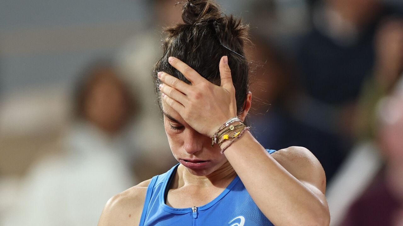 Lois Boisson reacts during the women's singles semi final match between Coco Gauff of the United States and Lois Boisson of France at the French Open tennis tournament at Roland Garros, Paris, France, June 5, 2025.
