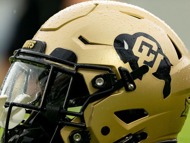 ORLANDO, FL - SEPTEMBER 28: Colorado Buffaloes helmet sits on the field during warm ups before a college football game between the Colorado Buffaloes and the UCF Knights on September 28th, 2024 at FBC Mortgage Stadium in Orlando, FL.