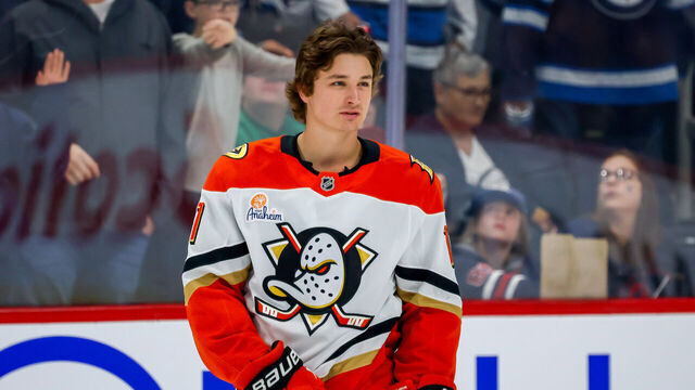 WINNIPEG, CANADA - APRIL 16: Trevor Zegras #11 of the Anaheim Ducks looks on during the pre-game warm up prior to NHL action against the Winnipeg Jets at Canada Life Centre on April 16, 2025 in Winnipeg, Manitoba, Canada.