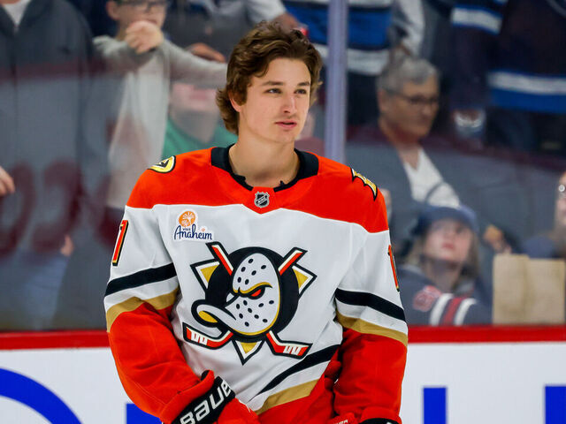 WINNIPEG, CANADA - APRIL 16: Trevor Zegras #11 of the Anaheim Ducks looks on during the pre-game warm up prior to NHL action against the Winnipeg Jets at Canada Life Centre on April 16, 2025 in Winnipeg, Manitoba, Canada.
