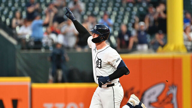 DETROIT, MI - JUNE 24: Detroit Tigers catcher Dillon Dingler (13) celebrates his three run homer during the game between the Detroit Tigers versus the Athletics on Tuesday June 24, 2025 at Comerica Park in Detroit, MI.