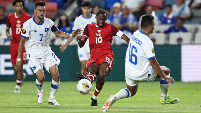 HOUSTON, TEXAS - JUNE 24: Jonathan David #10 of Canada scores during the Group Stage - Group B match between Canada and El Salvador as part of the 2025 CONCACAF Gold Cup at Shell Energy Stadium on June 24, 2025 in Houston, Texas.