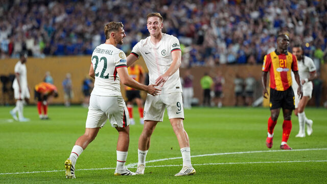 PHILADELPHIA, PENNSYLVANIA - JUNE 24: Liam Delap #9 of Chelsea FC celebrates scoring his team's second goal with Kiernan Dewsbury-Hall #22 during the FIFA Club World Cup 2025 group D match between Esperance de Tunis and Chelsea FC at Lincoln Financial Field on June 24, 2025 in Philadelphia, Pennsylvania.