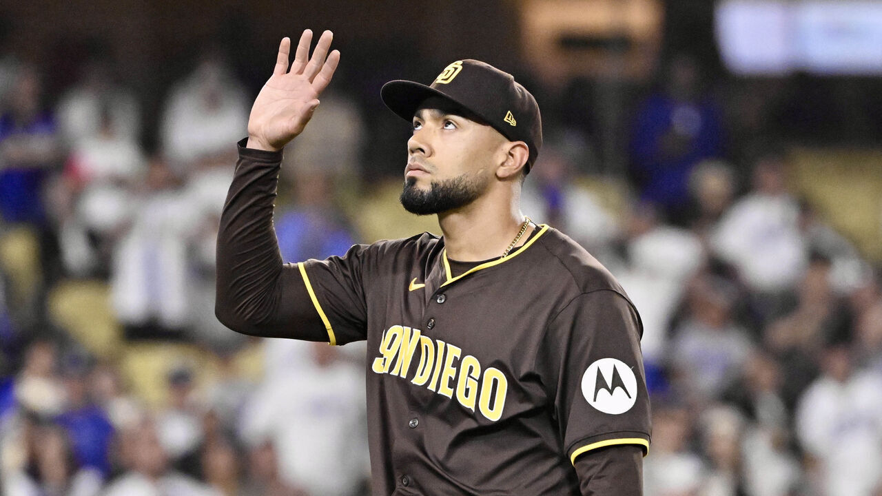 Los Angeles, CA - June 19: Robert Suarez #75 of the San Diego Padres reacts after being ejected from the game after hitting Shohei Ohtani (not pictured) of the Los Angeles Dodger in the ninth inning during a baseball game at Dodger Stadium in Los Angeles on Thursday, June 19, 2025.