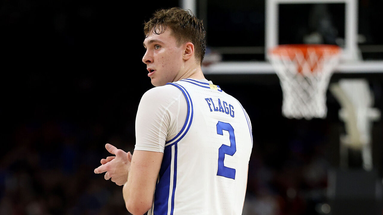 SAN ANTONIO, TEXAS - APRIL 05: Cooper Flagg #2 of the Duke Blue Devils reacts against the Houston Cougars during the first half in the Final Four game of the NCAA Men's Basketball Tournament at the Alamodome on April 05, 2025 in San Antonio, Texas.