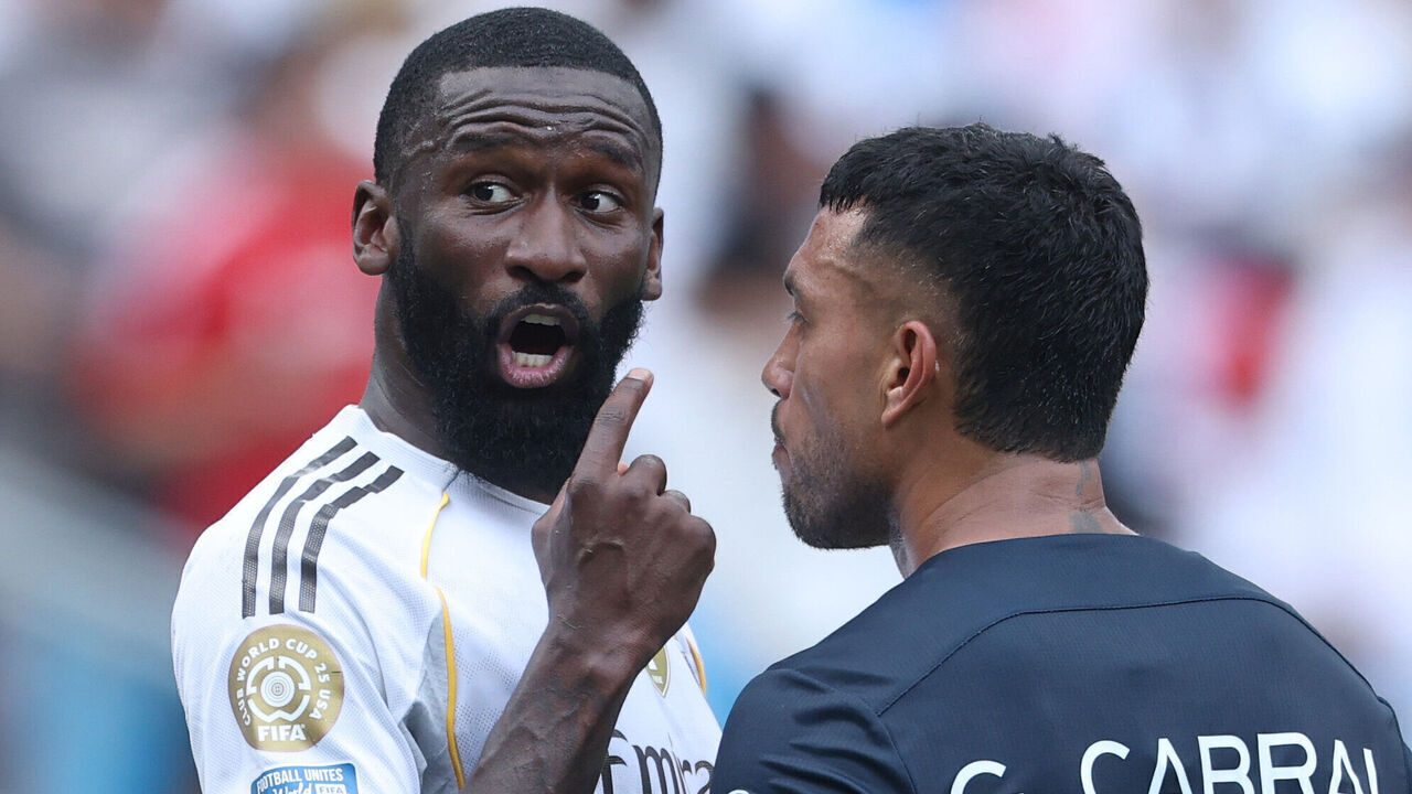 CHARLOTTE, NORTH CAROLINA - JUNE 22: Antonio Rudiger #22 of Real Madrid and Gustavo Cabral #22 CF Pachuca during the FIFA Club World Cup 2025 group H match between Real Madrid CF and CF Pachuca at Bank of America Stadium on June 22, 2025 in Charlotte, North Carolina.