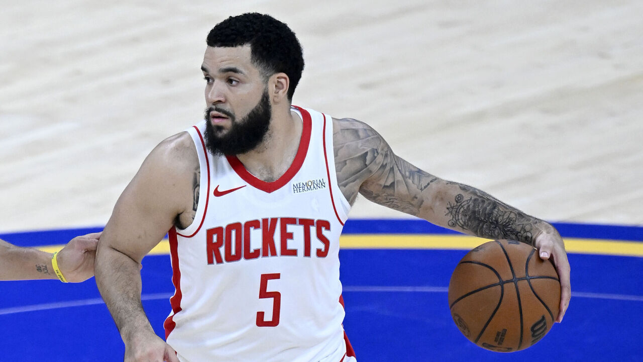 SAN FRANCISCO, CALIFORNIA - MAY 2: Fred VanVleet (5) of Houston Rockets in action against Stephen Curry (30) of Golden State Warriors during NBA Playoffs game 6 between Houston Rockets and Golden State Warriors at Chase Center on May 2, 2025 in San Francisco, California, United States.