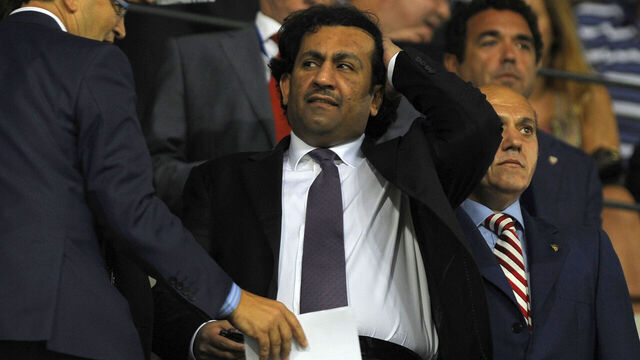 (FILES) This file picture dated September 19, 2010 shows Malaga CF's chairman Sheikh Abdallah Ben Nasser Al-Thani during a Spanish league football match match between Malaga C.F. and Sevilla at Rosaleda stadium. Spanish side Malaga will not be able to play in the Europa League next season after the Court of Arbitration for Sport (CAS) upheld UEFA's one-year European ban, the tribunal announced on June 11, 2013. AFP PHOTO / JORGE GUERRERO