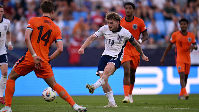 BRATISLAVA, SLOVAKIA - JUNE 25: Harvey Elliott of England scores his team's second goal during the UEFA European Under-21 Championship 2025 Semi-Final match between England and Netherlands at National Football stadium on June 25, 2025 in Bratislava, Slovakia.