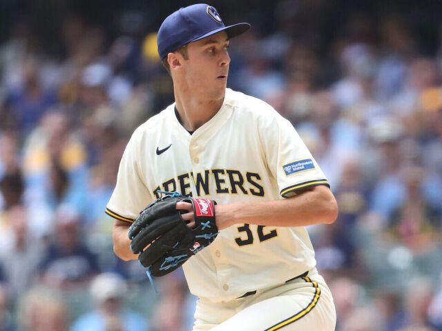 MILWAUKEE, WI - JUNE 25: Jacob Misiorowski #32 of the Milwaukee Brewers pitches during the game between the Pittsburgh Pirates and the Milwaukee Brewers at American Family Field on Wednesday, June 25, 2025 in Milwaukee, Wisconsin.