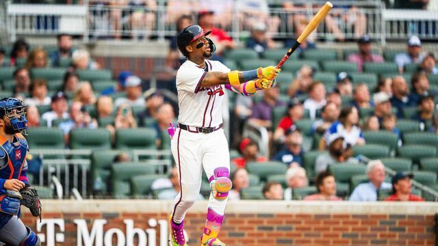 ATLANTA, GA - JUNE 18: Ronald Acuña Jr. #13 of the Atlanta Braves hits a home run during the first inning against the New York Mets at Truist Park on June 18, 2025 in Atlanta, Georgia.