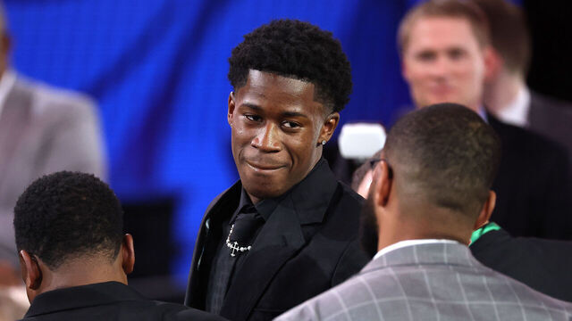 NEW YORK, NEW YORK - JUNE 25: VJ Edgecombe reacts after being drafted third overall by the Philadelphia 76ers during the first round of the 2025 NBA Draft at Barclays Center on June 25, 2025 in the Brooklyn borough of New York City. NOTE TO USER: User expressly acknowledges and agrees that, by downloading and/or using this photograph, user is consenting to the terms and conditions of the Getty Images License Agreement.