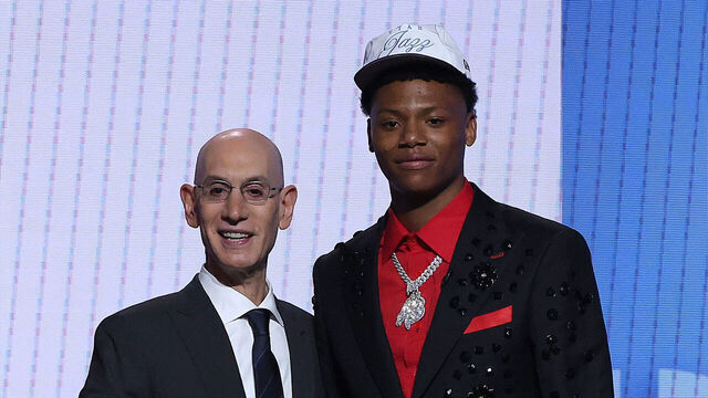 NEW YORK, NEW YORK - JUNE 25: Ace Bailey (R) shakes hands with NBA commissioner Adam Silver (L) after being drafted fifth overall by the Utah Jazz during the first round of the 2025 NBA Draft at Barclays Center on June 25, 2025 in the Brooklyn borough of New York City. NOTE TO USER: User expressly acknowledges and agrees that, by downloading and/or using this photograph, user is consenting to the terms and conditions of the Getty Images License Agreement.
