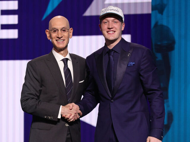 BROOKLYN, NY - JUNE 25: NBA Commissioner, Adam Silver poses for a photo with Kon Knueppel after being drafted fourth.overall by the Charlotte Hornets during the 2025 NBA Draft - Round One on June 25, 2025 at Barclays Center in Brooklyn, New York. Mandatory Copyright Notice: Copyright 2025 NBAE