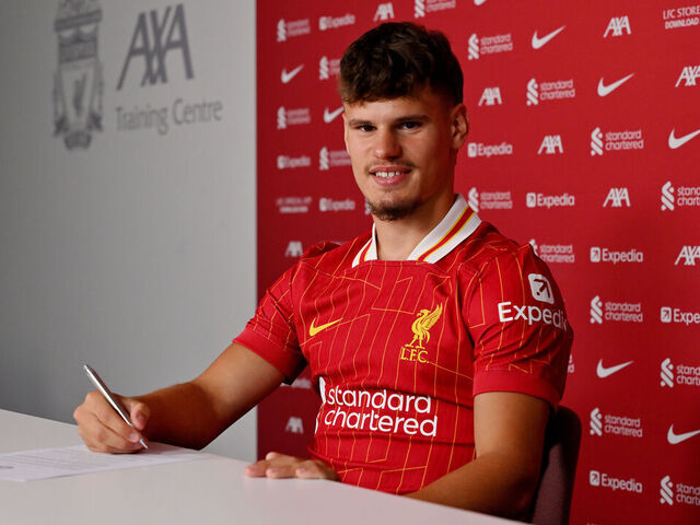 KIRKBY, ENGLAND - JUNE 26: (THE SUN OUT, THE SUN ON SUNDAY OUT) Milos Kerkez new signing for Liverpool FC at AXA Training Centre on June 26, 2025 in Kirkby, England.