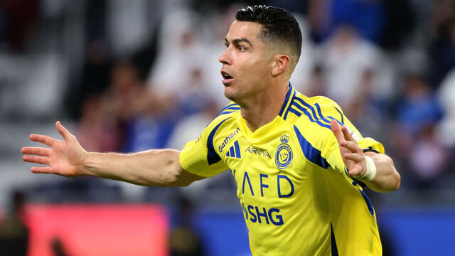 Nassr's Portuguese forward #7 Cristiano Ronaldo celebrates scoring his team's second goal during the Saudi Pro League football match between Al-Hilal and Al-Nassr at the Kingdom Arena stadium in Riyadh on April 4, 2025.