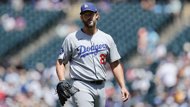 DENVER, CO - JUNE 26: Clayton Kershaw #22 of the Los Angeles Dodgers looks on during the game between the Los Angeles Dodgers and the Colorado Rockies at Coors Field on Thursday, June 26, 2025 in Denver, Colorado.