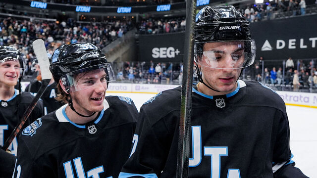 SALT LAKE CITY, UTAH - JANUARY 18: Nick Bjugstad #17 of the Utah Hockey Club, Josh Doan #91 of the Utah Hockey Club and Michael Kesselring #7 of the Utah Hockey Club skate off the ice after a win against the St. Louis Blues on January 18, 2025 at Delta Center in Salt Lake City, Utah.