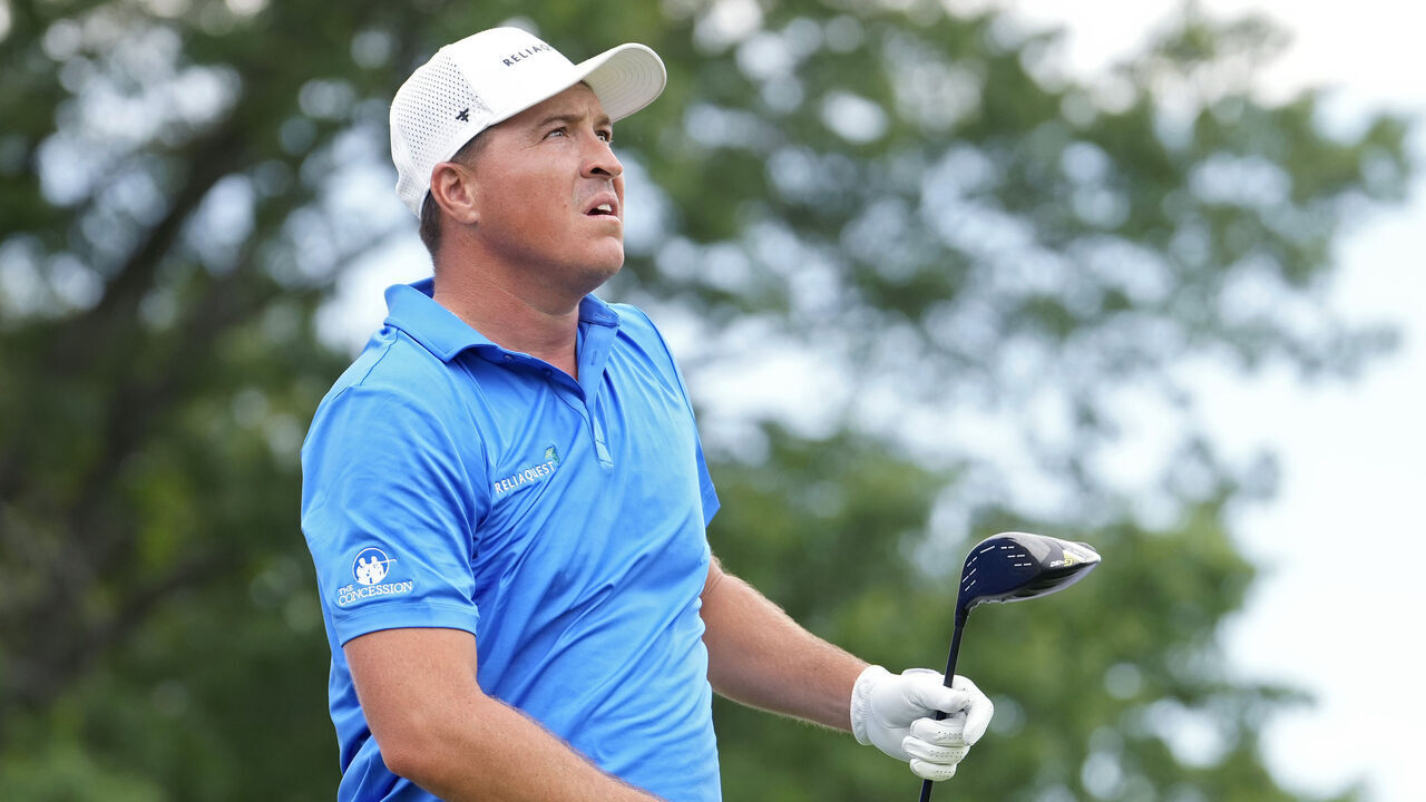 DETROIT, MICHIGAN - JUNE 26: Kevin Roy of the United States watches his shot from the 18th tee during the first round of the Rocket Classic 2025 at Detroit Golf Club on June 26, 2025 in Detroit, Michigan.