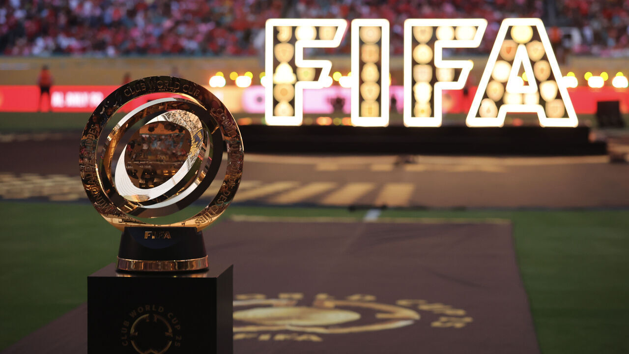 MIAMI GARDENS, FLORIDA - JUNE 14: A detailed view of the FIFA Club World Cup trophy on the pitch prior to the FIFA Club World Cup 2025 group A match between Al Ahly FC and Internacional CF Miami at Hard Rock Stadium on June 14, 2025 in Miami Gardens, Florida.