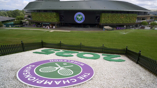 LONDON, ENGLAND - JUNE 26: General exterior view of centre court seen from The Hill spectator area before The Championships - Wimbledon 2025 at All England Lawn Tennis and Croquet Club on June 26, 2025 in London, England.