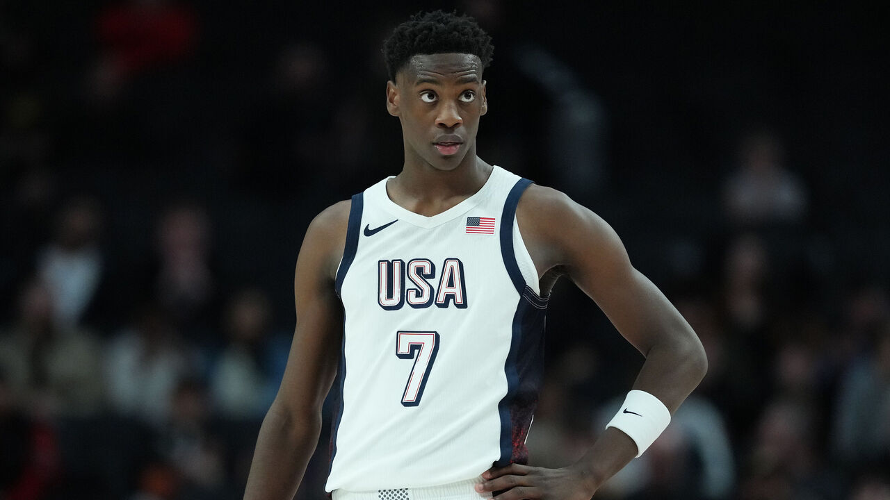 PORTLAND, OREGON - APRIL 12: AJ Dybantsa #7 of Team USA looks on during the 2025 Nike Hoop Summit at Moda Center on April 12, 2025 in Portland, Oregon.