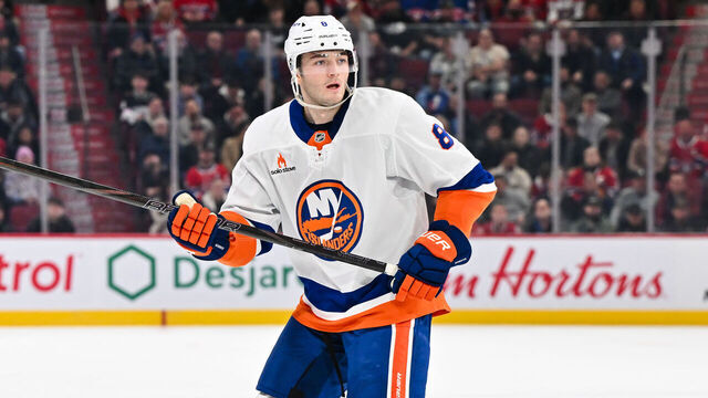 MONTREAL, CANADA - DECEMBER 03: Noah Dobson #8 of the New York Islanders skates during the third period against the Montreal Canadiens at the Bell Centre on December 3, 2024 in Montreal, Quebec, Canada. The Montreal Canadiens defeated the New York Islanders 2-1 in overtime.