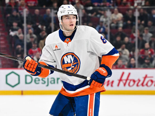 MONTREAL, CANADA - DECEMBER 03: Noah Dobson #8 of the New York Islanders skates during the third period against the Montreal Canadiens at the Bell Centre on December 3, 2024 in Montreal, Quebec, Canada. The Montreal Canadiens defeated the New York Islanders 2-1 in overtime.