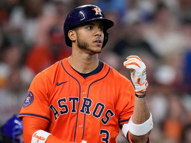 HOUSTON, TX - JUNE 27: Jeremy Peña #3 of the Houston Astros walks to first base after being hit by a pitch during the game between the Chicago Cubs and the Houston Astros at Daikin Park on Friday, June 27, 2025 in Houston, Texas.