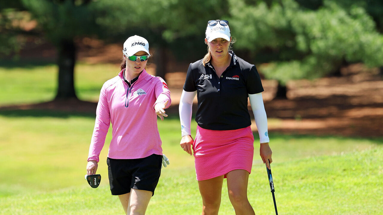 MIDLAND, MICHIGAN - JUNE 27: Leona Maguire of Ireland (L) and Jennifer Kupcho of the United States look on from the fifth hole during the second round of the Dow Championship 2025 at Midland Country Club on June 27, 2025 in Midland, Michigan.