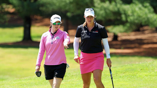MIDLAND, MICHIGAN - JUNE 27: Leona Maguire of Ireland (L) and Jennifer Kupcho of the United States look on from the fifth hole during the second round of the Dow Championship 2025 at Midland Country Club on June 27, 2025 in Midland, Michigan.