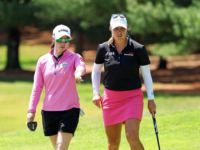 MIDLAND, MICHIGAN - JUNE 27: Leona Maguire of Ireland (L) and Jennifer Kupcho of the United States look on from the fifth hole during the second round of the Dow Championship 2025 at Midland Country Club on June 27, 2025 in Midland, Michigan.