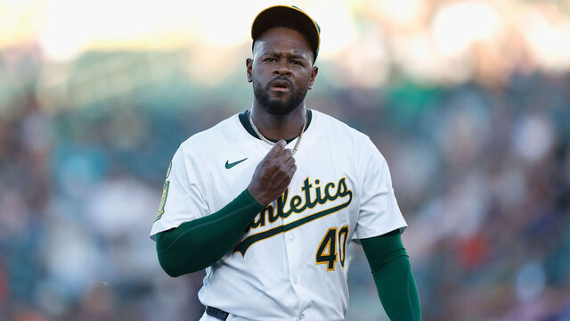 SACRAMENTO, CALIFORNIA - JUNE 18: Pitcher Luis Severino #40 of the Athletics looks on between innings against the Houston Astros at Sutter Health Park on June 18, 2025 in Sacramento, California.