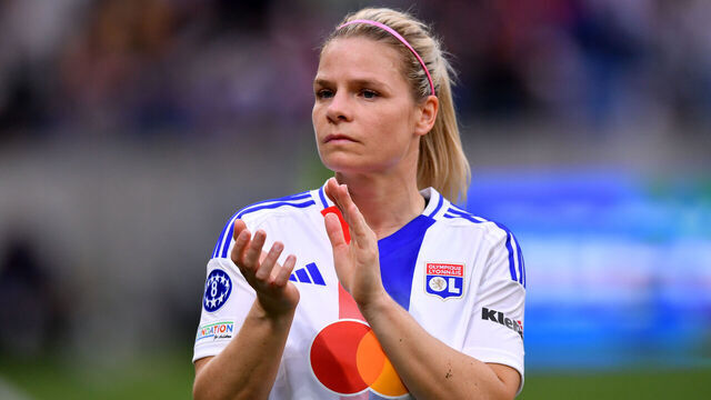 DECINES-CHARPIEU, FRANCE - APRIL 27: Eugenie Le Sommer of Olympique Lyonnais applauds the fans following defeat in the UEFA Women's Champions League semifinal second leg match between Olympique Lyonnais and Arsenal WFC at OL Stadium on April 27, 2025 in Decines-Charpieu, France.