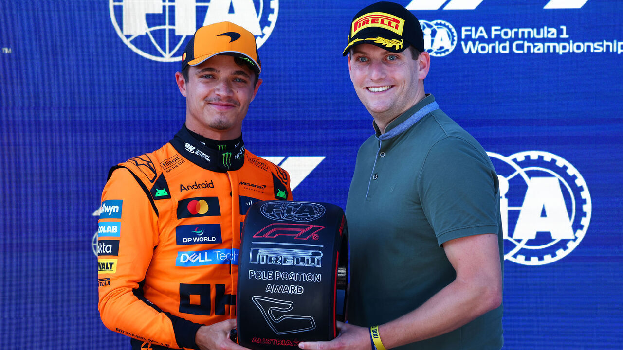 SPIELBERG, AUSTRIA - JUNE 28: Pole position qualifier Lando Norris of Great Britain and McLaren receives his Pirelli Pole Position award during qualifying ahead of the F1 Grand Prix of Austria at Red Bull Ring on June 28, 2025 in Spielberg, Austria.