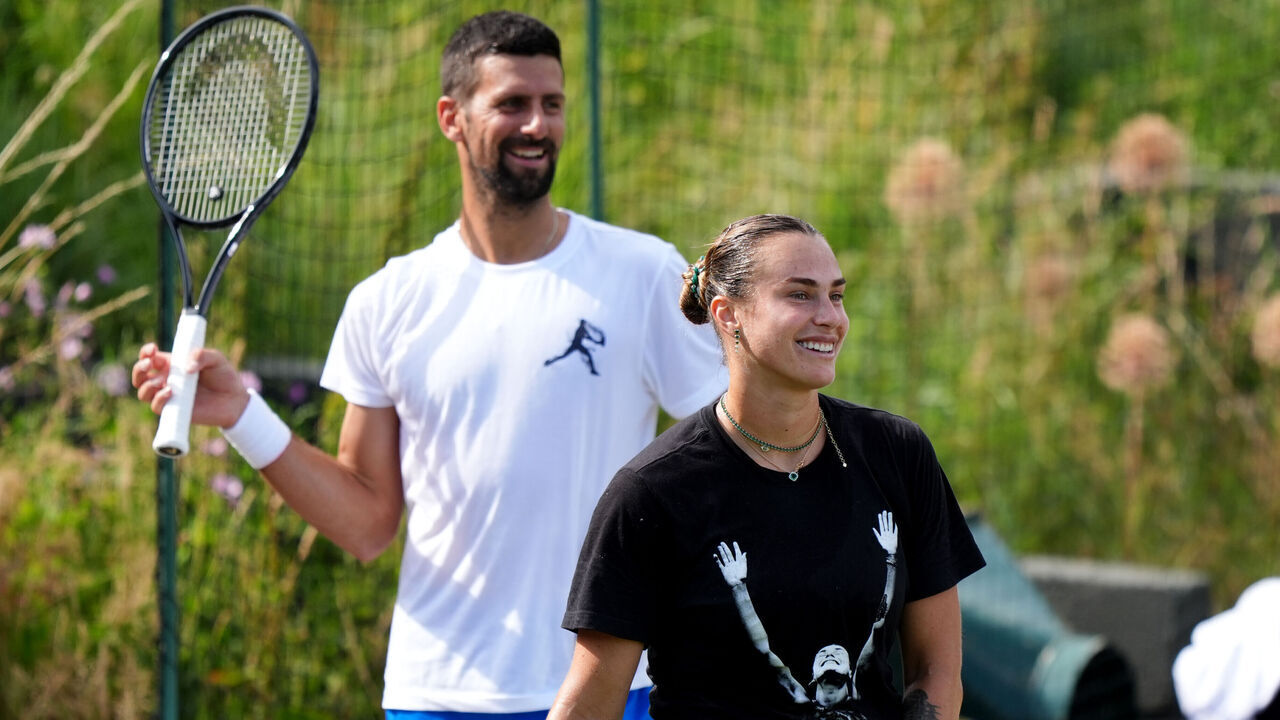 Novak Djokovic and Aryna Sabalenka during a practice session at the All England Lawn Tennis and Croquet Club, ahead of the Wimbledon Championships, which begin on June 30th. Picture date: Wednesday June 25, 2025.