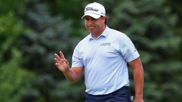 DETROIT, MICHIGAN - JUNE 28: Aldrich Potgieter of South Africa acknowledges the crowd on the eighth green during the third round of the Rocket Classic 2025 at Detroit Golf Club on June 28, 2025 in Detroit, Michigan.