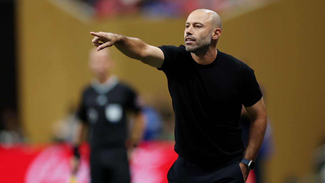 ATLANTA, GEORGIA - JUNE 19: Javier Mascherano, Head Coach of Inter Miami CF, reacts during the FIFA Club World Cup 2025 group A match between Internacional CF Miami and FC Porto at Mercedes-Benz Stadium on June 19, 2025 in Atlanta, Georgia.