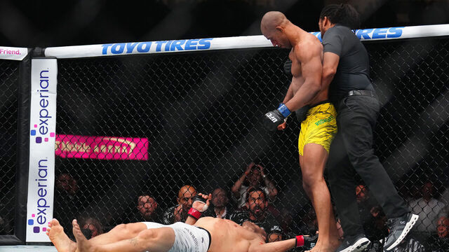 LAS VEGAS, NEVADA - JUNE 28: (R-L) Gregory Rodrigues of Brazil reacts to his knockout of Jack Hermansson of Sweden in a middleweight bout during the UFC 317 event at T-Mobile Arena on June 28, 2025 in Las Vegas, Nevada.