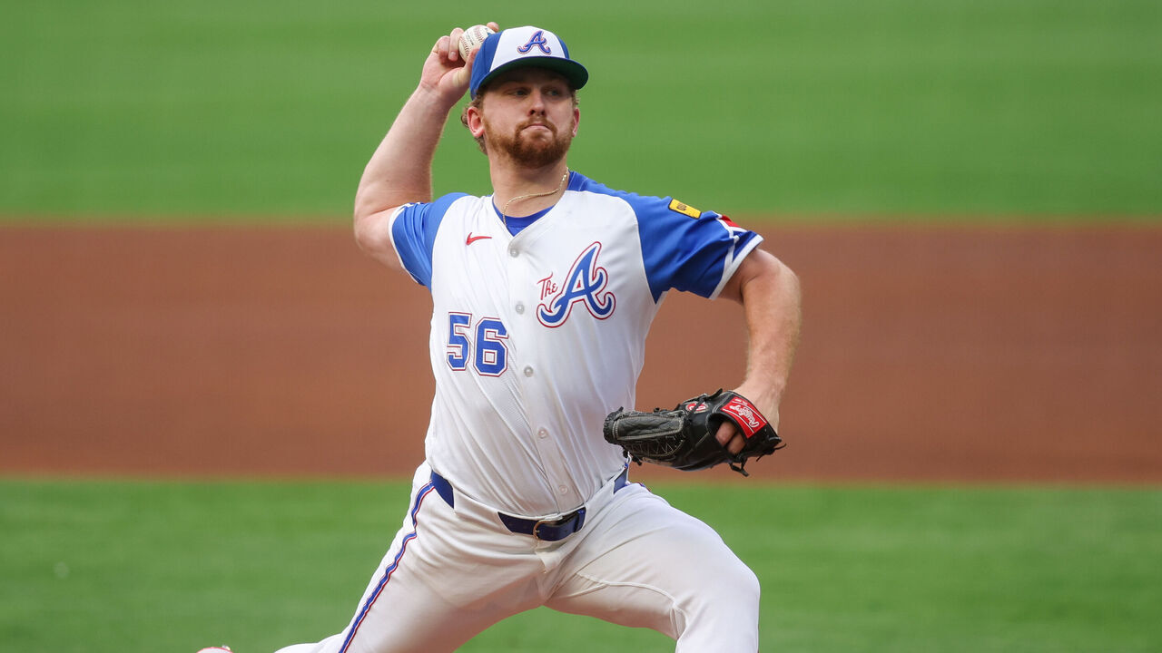 ATLANTA, GEORGIA - JUNE 28: Spencer Schwellenbach #56 of the Atlanta Braves pitches against the Philadelphia Phillies in the first inning at Truist Park on June 28, 2025 in Atlanta, Georgia.
