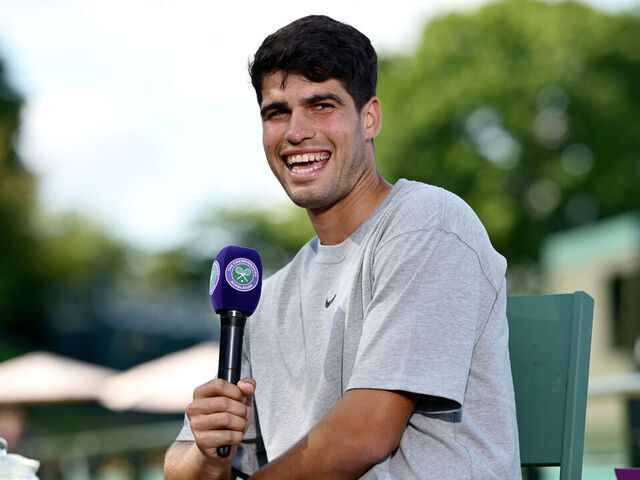 LONDON, ENGLAND - JUNE 28: Carlos Alcaraz of Spain is interviewed prior to The Championships Wimbledon 2025 at All England Lawn Tennis and Croquet Club on June 28, 2025 in London, England.