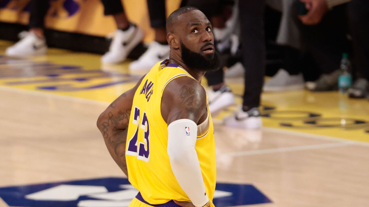 LOS ANGELES, CA - APRIL 30: Los Angeles Lakers forward LeBron James (23) looks back at scoreboard during game 5 of the first round of the NBA Western Conference Playoffs between the Minnesota Timberwolves and the Los Angeles Lakers on April 30, 2025, at Crypto.com Arena in Los Angeles, CA.