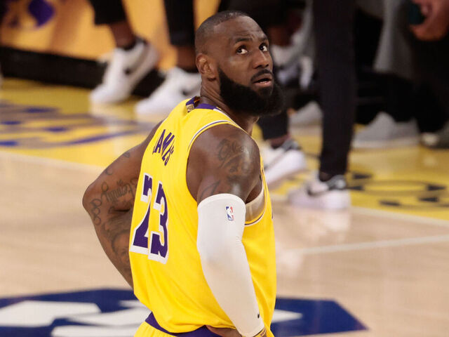 LOS ANGELES, CA - APRIL 30: Los Angeles Lakers forward LeBron James (23) looks back at scoreboard during game 5 of the first round of the NBA Western Conference Playoffs between the Minnesota Timberwolves and the Los Angeles Lakers on April 30, 2025, at Crypto.com Arena in Los Angeles, CA.